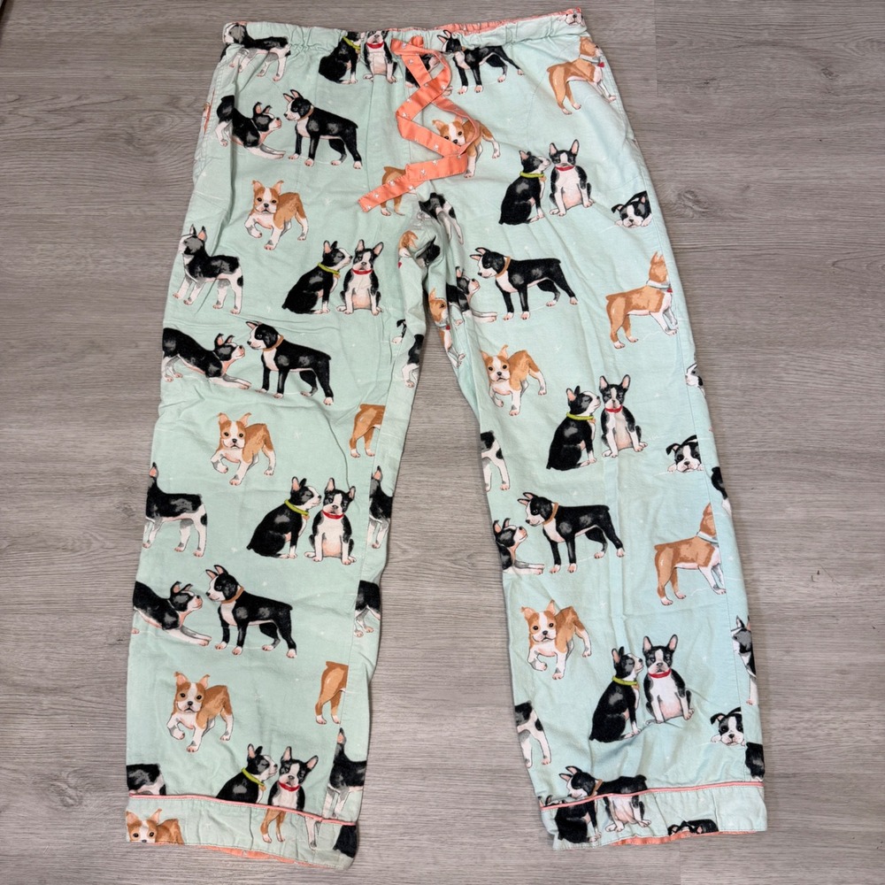 Nick & Nora Women Mint Green Boston Terrier Flannel Pajama Pants Medium